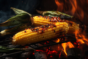Grilled corn on the cob with charred kernels and green husks over a smoky fire backdrop