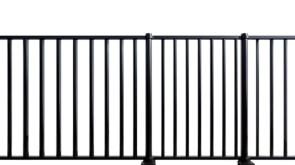 Transparent Png of a Modern Black Metal Fence, Featuring Strong Vertical Bars, Sleek Design, Industrial Barrier, Security Railing Element