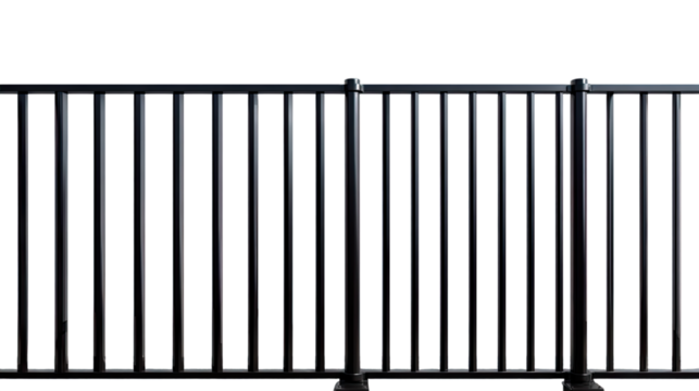 Transparent Png of a Modern Black Metal Fence, Featuring Strong Vertical Bars, Sleek Design, Industrial Barrier, Security Railing Element
