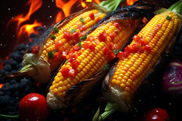 Grilled corn on the cob topped with fresh salsa, surrounded by vibrant vegetables and flames
