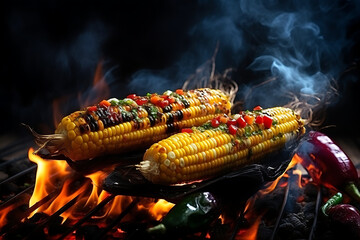 Grilled corn on the cob with colorful toppings, smoky flames, and peppers in the background