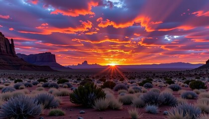 Vibrant orange and purple hues paint the dramatic Utah desert landscape as the sun dips below the horizon, casting long shadows across the arid terrain, sunset, landscape, purple