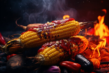Grilled corn on the cob with sauce, surrounded by vegetables and flames in a vibrant outdoor setting
