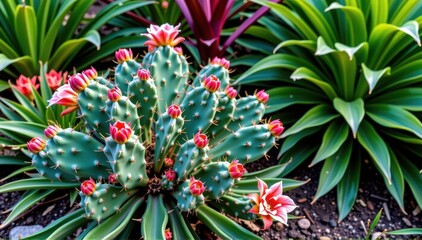 Fototapeta premium A vibrant prickly pear cactus thrives amidst lush tropical foliage in a botanical garden setting, texture, stock photo
