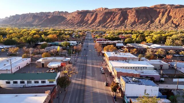 Moab, United States - 07 November 2024: Aerial view of the city's main street, framed by autumn trees and the towering red rock formations in the background.