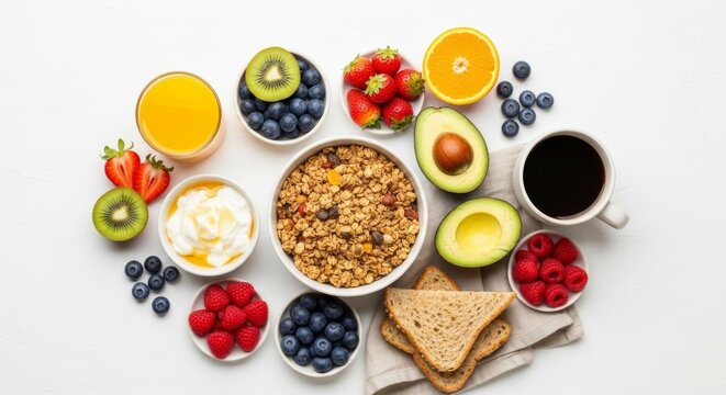 Nutritious Breakfast Bowl Collection - Colorful Healthy Foods with Fresh Fruits, Cereals, Nuts, and Juice - Balanced Diet Meal Perfect for Morning Nutrition, Wellness Lifestyle, and Healthy Eating Hab