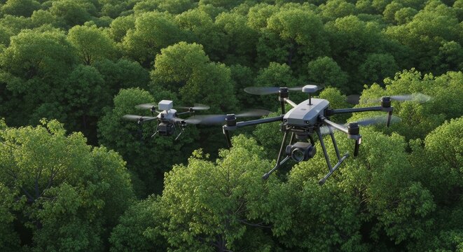 High angle view of two professional surveillance drones with cameras flying over a vast and lush green forest canopy
- Powered by Adobe