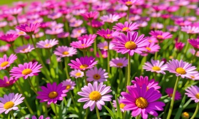 Obraz premium Vibrant pink spring daisies blanket a sun-drenched meadow, creating a breathtaking carpet of floral beauty. Delicate petals unfurl in the gentle breeze, wildflowers, petals