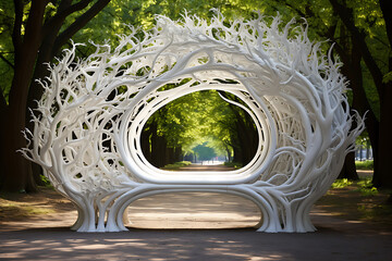 Abstract white sculpture resembling tree branches in a serene park setting, inviting exploration