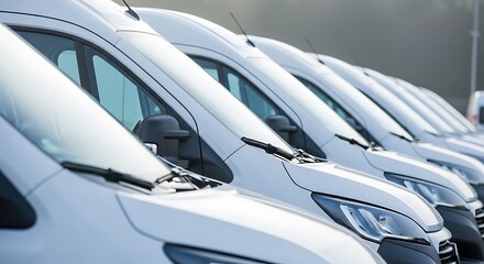Fleet of White Commercial Vans Lined Up Outdoor Ready for Delivery Services Transportation