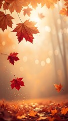 Obraz premium Falling Autumn Maple Leaves In Sunlight Beautiful Seasonal Nature Scene With Warm Orange And Golden Colors