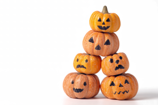Stack of Halloween pumpkins with different facial expressions festive autumn decoration for holiday concepts isolated on white background
