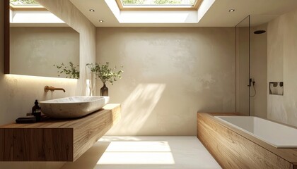 Contemporary bathroom interior features a wooden vanity with a natural stone sink, complementing a freestanding bathtub, and a skylight casting natural light across the space, fostering a tranquil...
