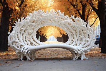 Artistic white bench surrounded by autumn foliage in a serene park setting