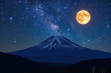 Fototapeta premium Majestic flat-topped mountain silhouetted against a star-studded night sky, illuminated by the moon, travel, summit, adventure