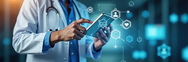 Medical professional utilizing digital tablet, showing a network of interconnected health and medical icons with glowing blue lines, showcasing technological advancements within healthcare practices.