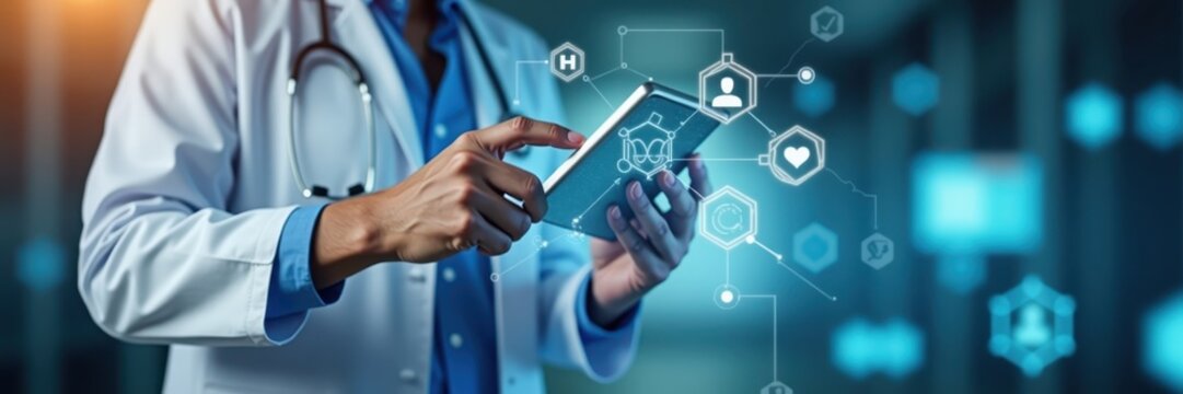 Medical professional utilizing digital tablet, showing a network of interconnected health and medical icons with glowing blue lines, showcasing technological advancements within healthcare practices.