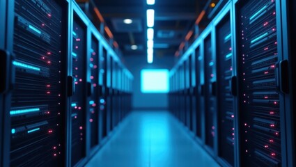 Data center interior showcases a long, symmetrical hallway lined with rows of server racks, bathed in cool blue and orange ambient lighting, creating a futuristic and technological atmosphere.