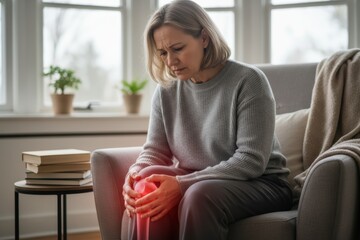 Obraz premium Caucasian mature female experiencing knee pain at home.