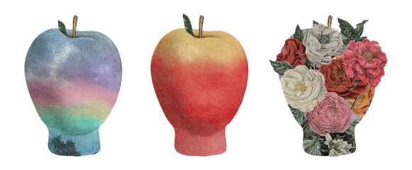 Trendy Retro Fruit Cutout Collage with Floral Design on Transparent Background