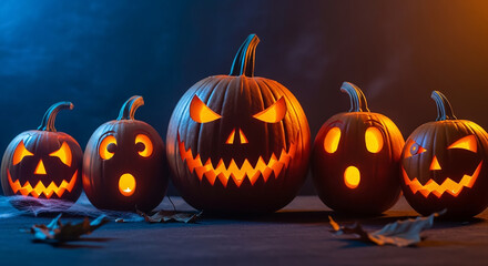 Jack o' lantern pumpkins glowing for a halloween night celebration