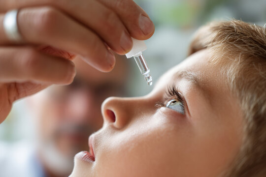 Close-up of a parent gently administering eye drops to a child's eye with a dropper, pediatric eye care and soothing treatment - Powered by Adobe