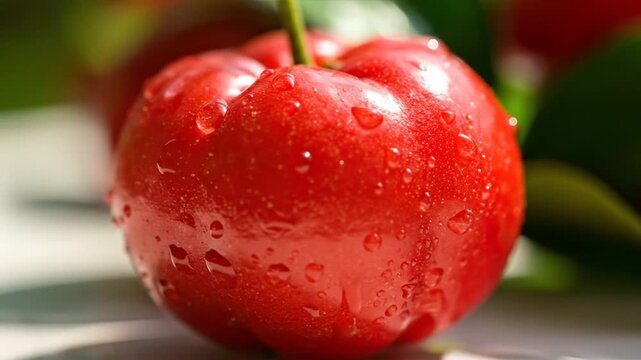 Vibrant close up of a freshly ripe red acerola cherry fruit