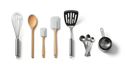 Set of essential kitchen utensils including whisk, wooden spoon, spatulas, slotted turner, measuring spoons, and measuring cup, neatly arranged on a white background, perfect for cooking and baking.

