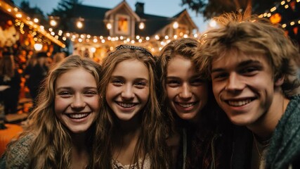 Group of Smiling Teenagers Posing for a Selfie at a Festive Outdoor Halloween Party with String Lights and Decorated Houses