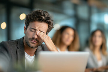 Exhausted businessman rubbing his eyes during a tense office meeting with laptop, visibly stressed and fatigued while colleagues watch