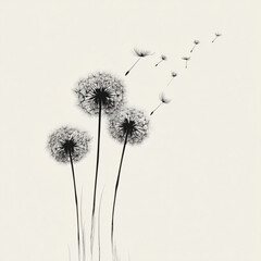 Three delicate dandelion flowers with seeds blowing in the wind.