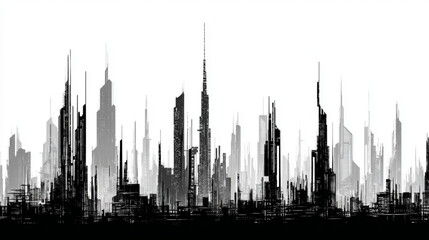 Obraz premium Abstract black and white city skyline silhouette illustration.