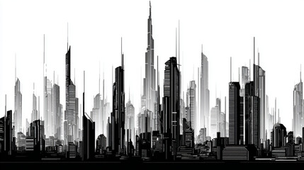 Obraz premium Monochrome abstract cityscape with towering futuristic skyscrapers.