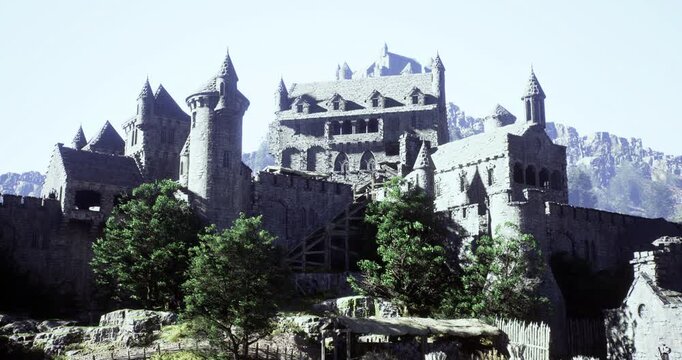 A large medieval castle stands proudly on a rocky landscape, showcasing its grand towers and intricate architecture. Lush greenery frames the ancient structure, creating a stunning visual contrast.