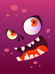Wide-eyed angry monster face closeup. Cartoon vector facial parts on gradient magenta skin background.