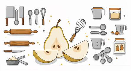A flat lay composition with kitchen tools and a pear , ideal for food blog graphics, cooking tutorial visuals, and recipe card design.