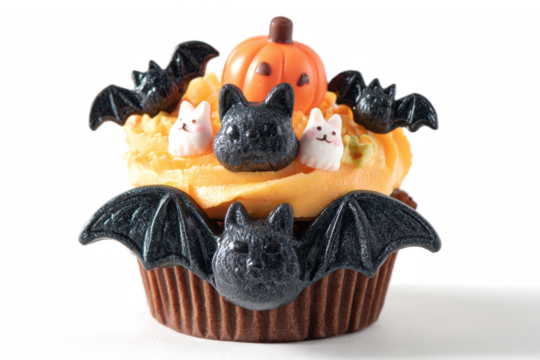 Festive Halloween cupcake with orange frosting decorated with bats and a pumpkin perfect for holiday treats and spooky celebrations - Powered by Adobe