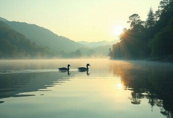 Serene Reflective Lake at Early Dawn with Misty Surface Ducks and Tranquil Surroundings