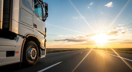 Modern White Semi Truck Driving on Open Asphalt Road Towards Sunrise With Dramatic Sun Rays Lighting The Sky