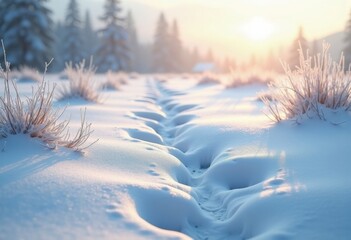 Winter Wildlife Footprints in Pristine Snowy Landscape Captured with Intricate Detail and Subtle Textures