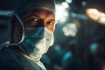 Close-up portrait of a focused surgeon wearing a surgical mask and scrub cap in a dim operating room with dramatic lighting