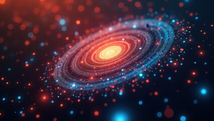 Abstract depiction illustrates a radiant, circular formation with spiraling, glowing particles in hues of red, orange, and blue.