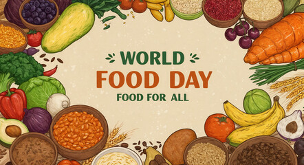 A vintage-style World Food Day illustration with fruits and "FOOD FOR ALL" text, suitable for awareness campaigns, educational materials, and global hunger relief promotions.