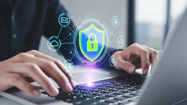 Person typing on a laptop with a digital shield and cloud network security illustration overlayed