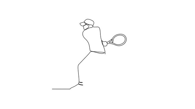 Animated self drawing of tennis video design illustration. Tennis player uses a tennis racket strung with a cord to strike a hollow rubber ball covered with felt. Sport theme design video concept.