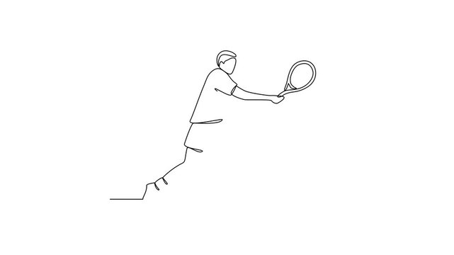 Animated self drawing of tennis video design illustration. Tennis player uses a tennis racket strung with a cord to strike a hollow rubber ball covered with felt. Sport theme design video concept.