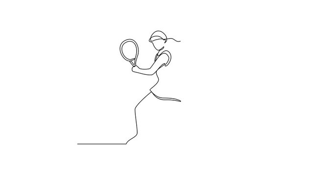 Animated self drawing of tennis video design illustration. Tennis player uses a tennis racket strung with a cord to strike a hollow rubber ball covered with felt. Sport theme design video concept.