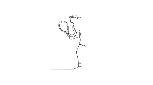 Animated self drawing of tennis video design illustration. Tennis player uses a tennis racket strung with a cord to strike a hollow rubber ball covered with felt. Sport theme design video concept.