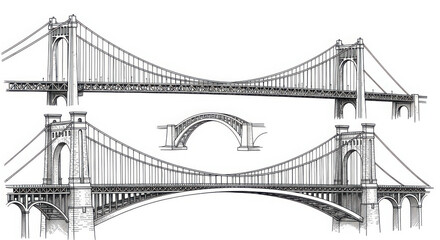 Naklejka premium Detailed ink sketch of two large suspension bridges and a smaller arch bridge isolated on white background