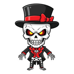 Spooky cartoon skeleton character wearing a top hat and bow tie